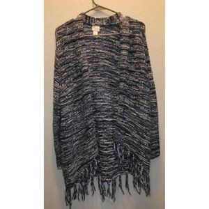 Long Cotton Sweater, Blue and white with Fringe Women's Size Large, Chico's Bran